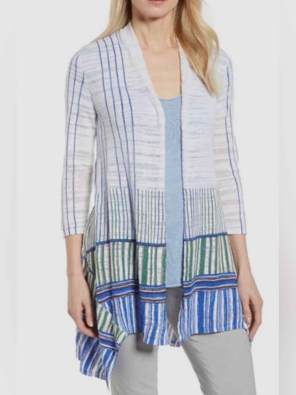 Nic + Zoe Striped Blue Green Lightweight 3/4 Sleeves Cardigan Linen Cotton Sz M